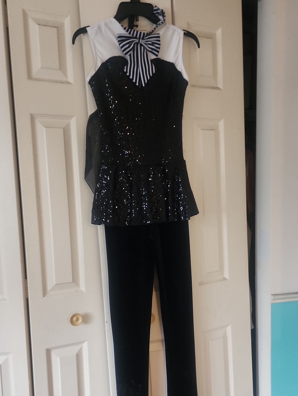 Black Sequin Peplum Dance Costume with White Accents